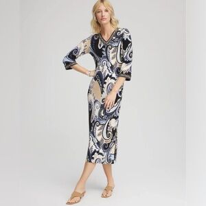 NWT Chico’s Paisley Dream Maxi Travelers dress Sz 00P US XS slinky canyon blue